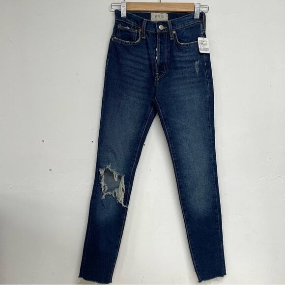 Free People High Rise Button Fly Skinny Jeans Raw Hem Womens 24 Blue Denim - Picture 1 of 11